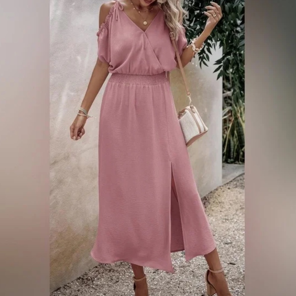 Dusty Rose Maxi Dress Cold Shoulder by Angashion Split Smocked waist Wrap V Neck